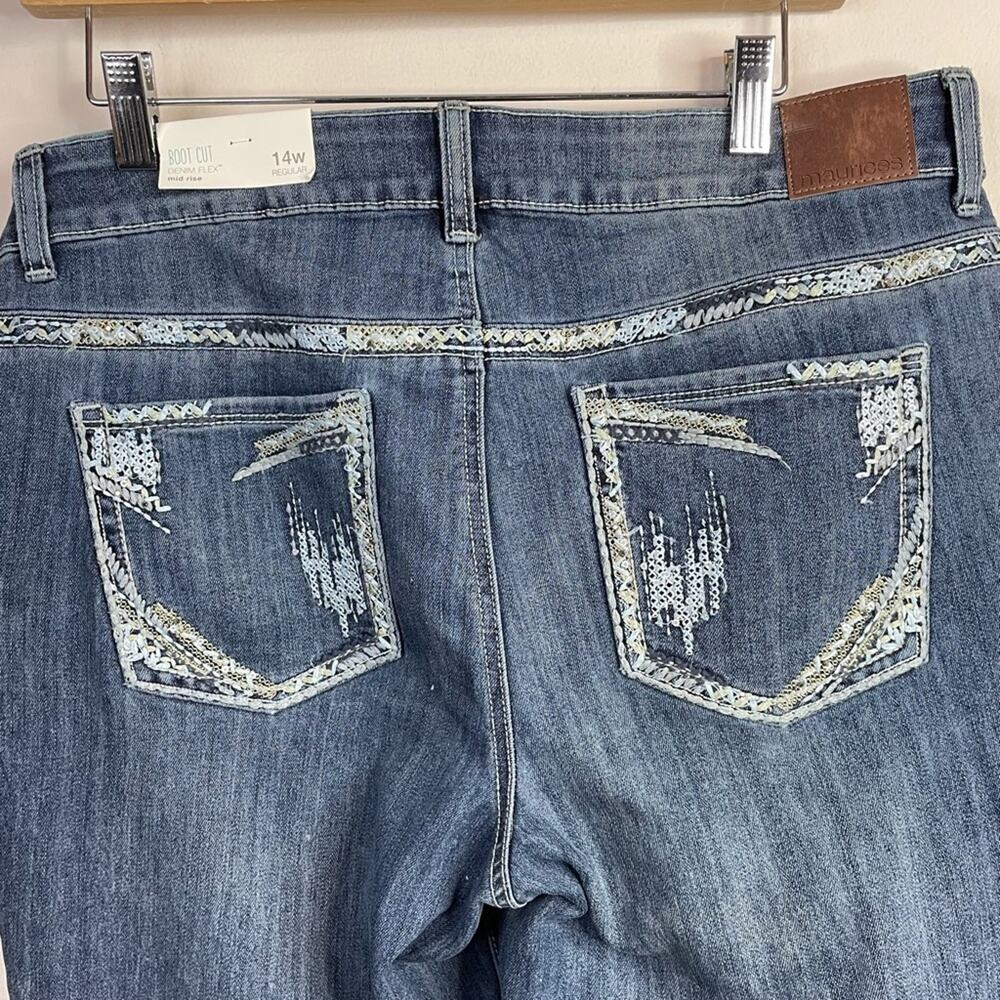 Maurices Mid Rise Boot cut denim flex Bling Embroidered Stretch jeans 14W 14 new - Picture 5 of 10